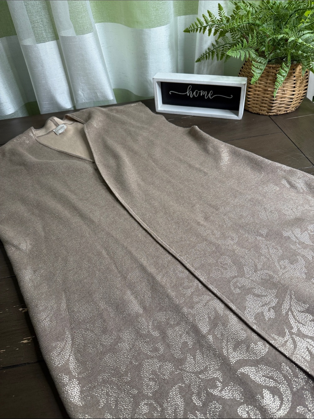 Chico's Metallic Taupe Floral Jacquard Long Vest